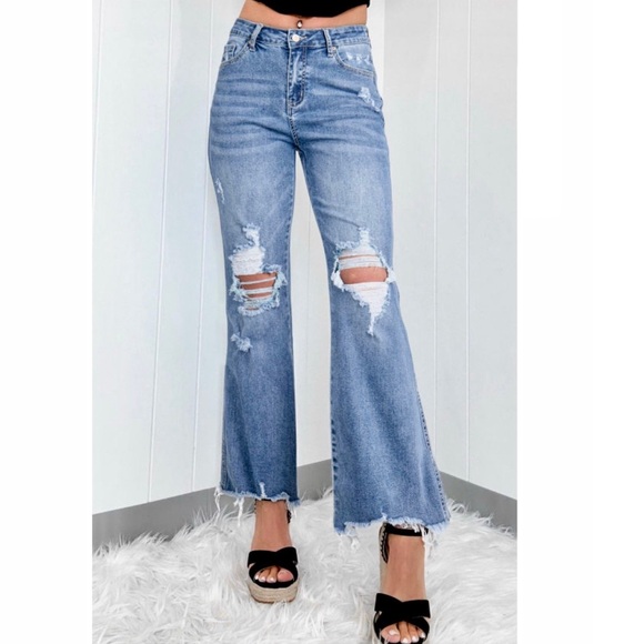 Skull & Arrow Shop Denim - Dusk Blue High Rise Distressed Flare Jeans